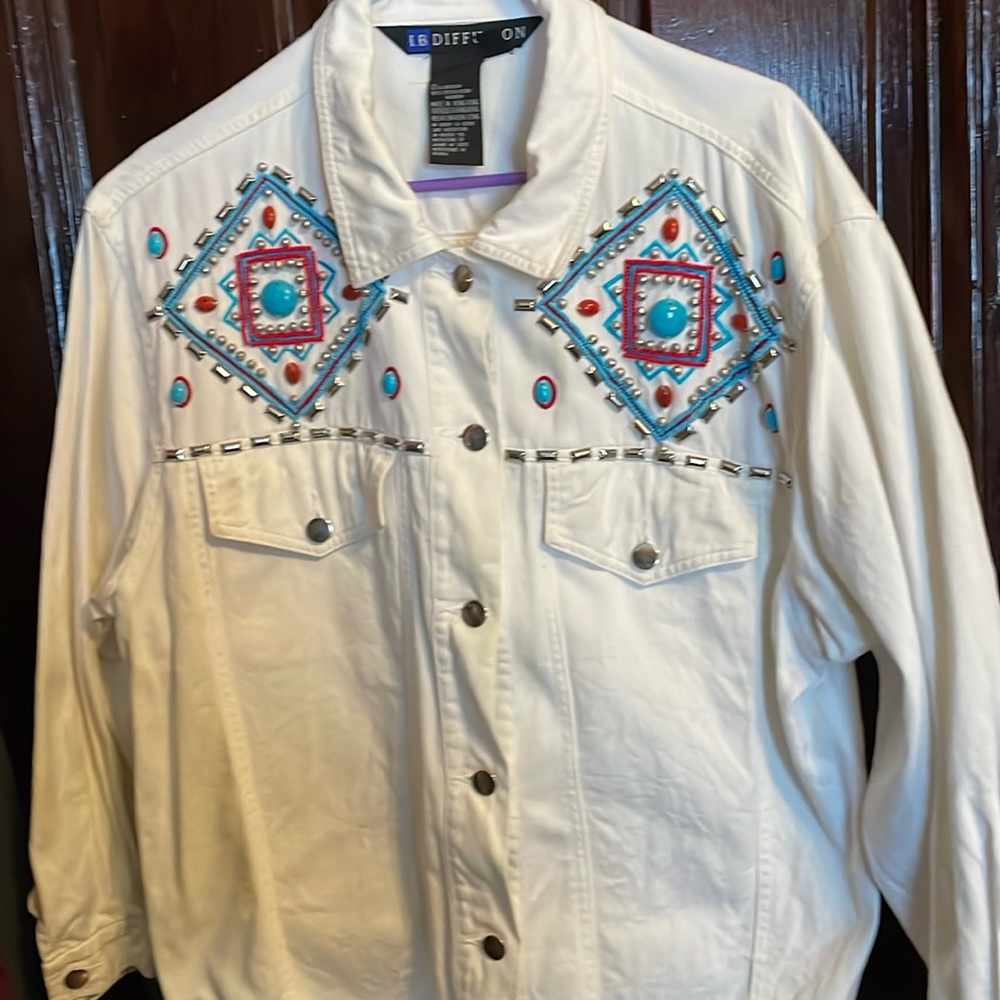 Vintage IB Diffusion White Denim Beaded Jacket Turquoise Coral Silvertone.